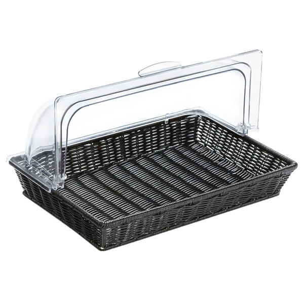 A black rectangular plastic basket.