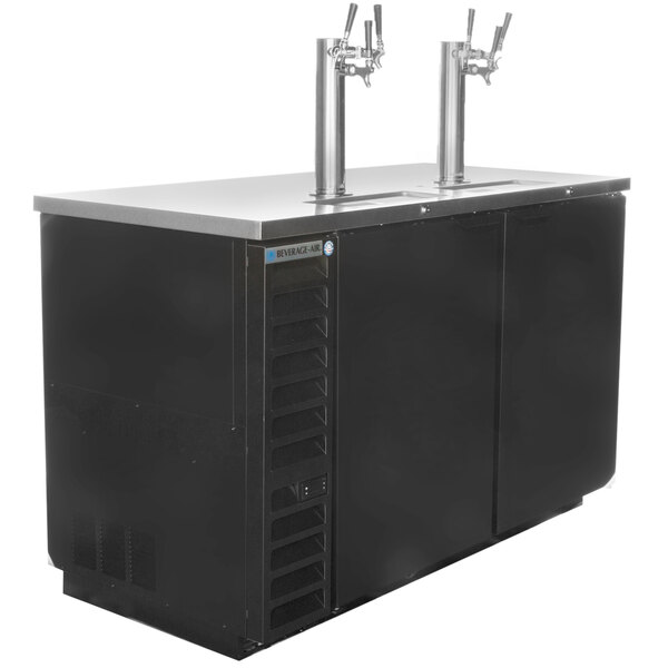 A black Beverage-Air triple tap kegerator with wine taps on a counter.