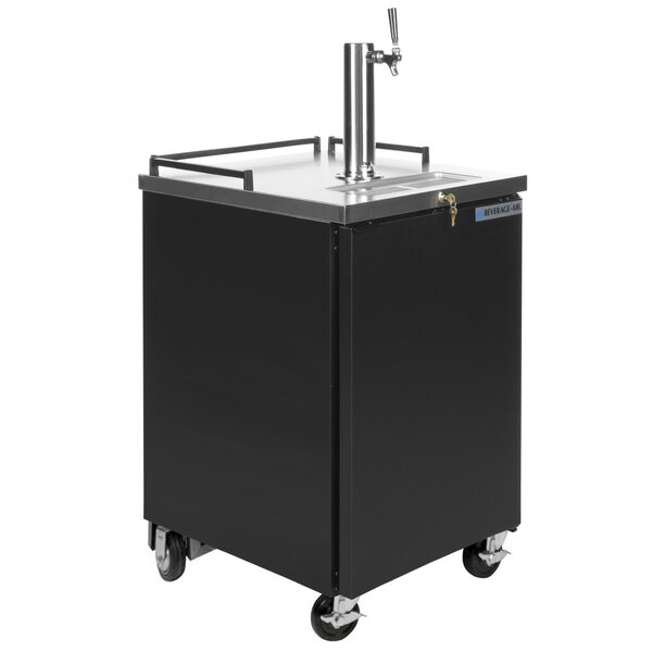A black Beverage-Air kegerator with a silver top.