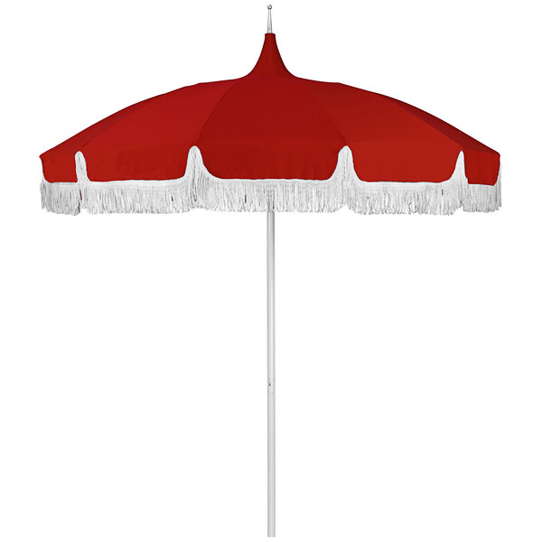 A red umbrella with a white fringe.