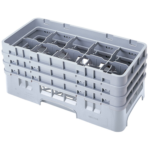 A soft gray plastic Cambro half size glass rack with 6 compartments.