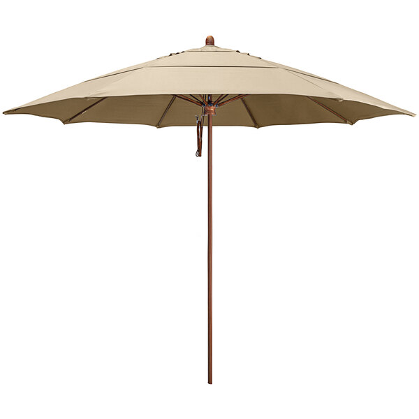 A California Umbrella with a Sunbrella Antique Beige canopy and a simulated wood pole.