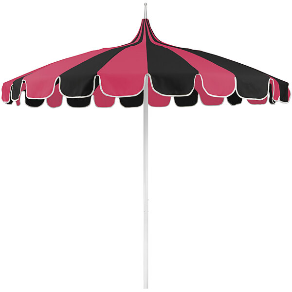 A black and pink striped California Umbrella with a black and pink pagoda canopy.