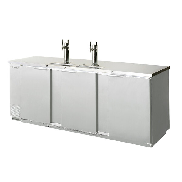 A white rectangular Beverage-Air wine dispenser with a stainless steel front and two taps.