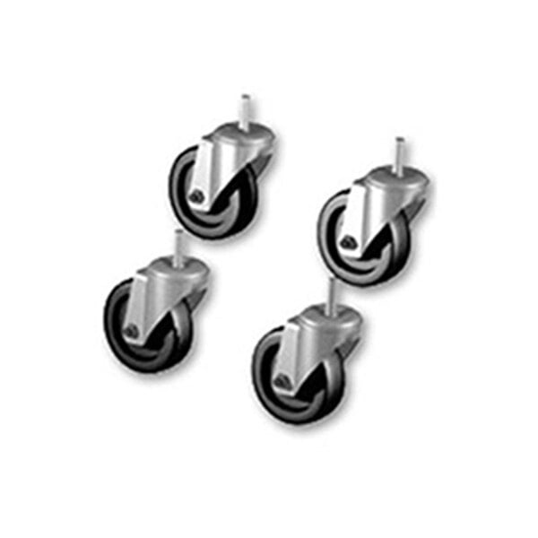 A set of six True stem casters with black rubber wheels and chrome swivel stems.