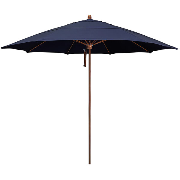 A navy blue California Umbrella with a wooden pole on a white background.