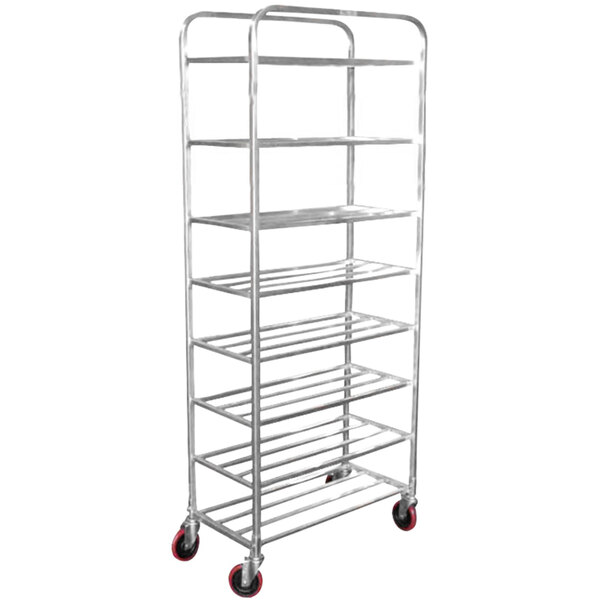 A silver metal rack with wheels and eight shelves.