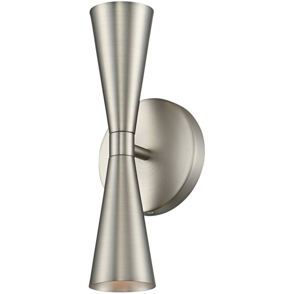 A Kalco Milo LED wall sconce with a satin nickel finish and two cone shaped lights.