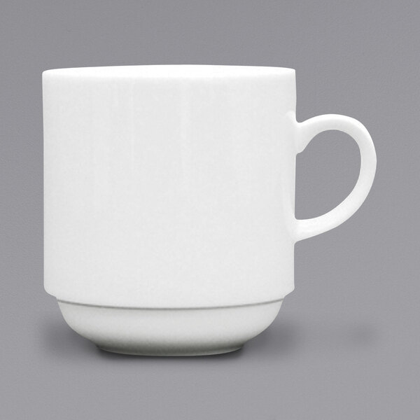A Fortessa Ilona bright white china mug with a white handle.