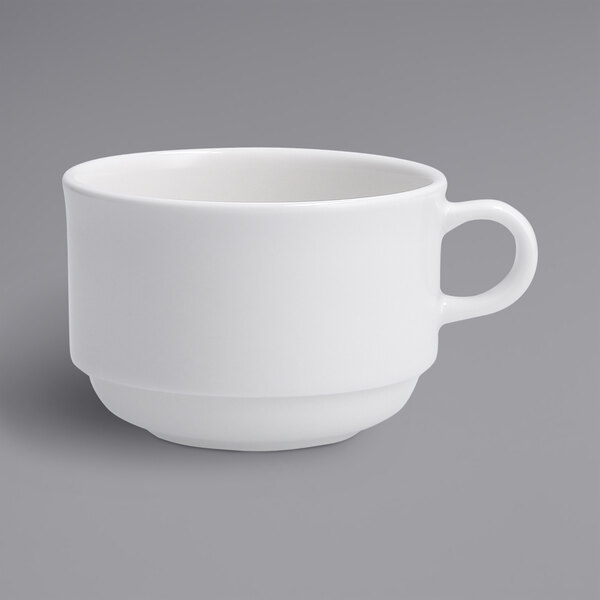 A Fortessa bright white china cup with a handle.