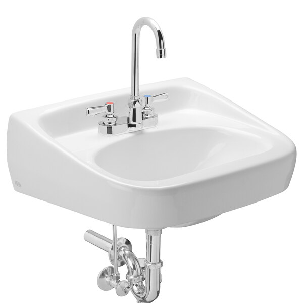 A white Zurn wall hung lavatory sink with a Zurn faucet.