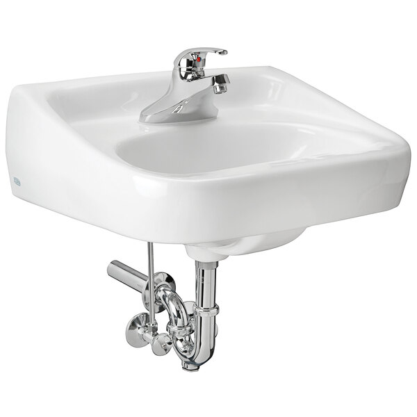 A Zurn wall hung white lavatory sink with a silver faucet.