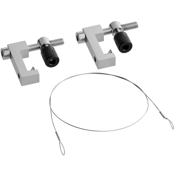 A pair of metal clamps with a wire.