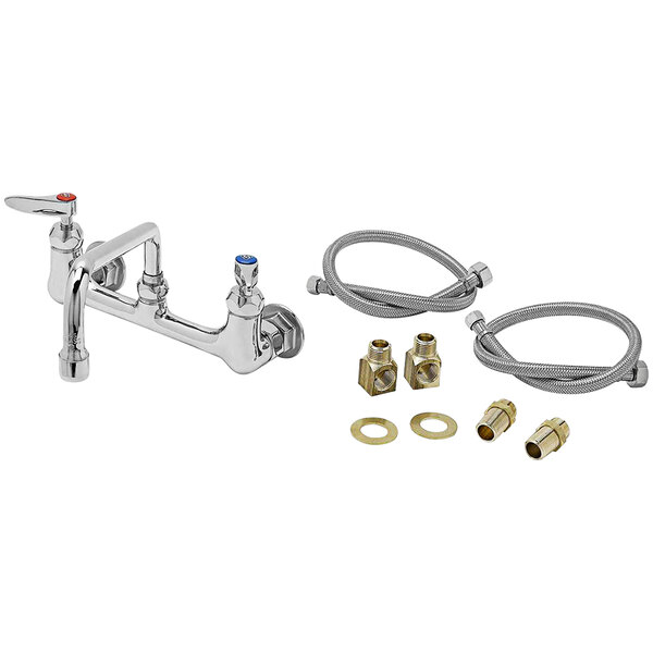 A T&S wall mount pantry faucet with flex hose installation kit, including a faucet, hose, and parts.