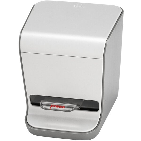 A white rectangular Tablecraft toothpick dispenser with a clear drawer and red accents.