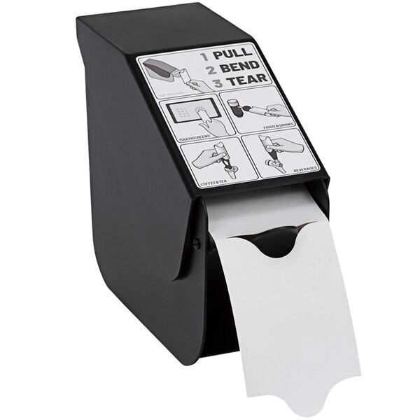 A Bunn black sleeve dispenser on a counter with a roll of paper inside.