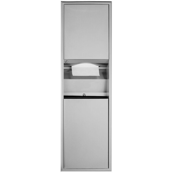 A white metal cabinet with a Bobrick stainless steel recessed paper towel dispenser.