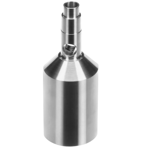 A stainless steel Grindmaster-Cecilware heavy product dispense valve with a metal cap and cylinder with holes.