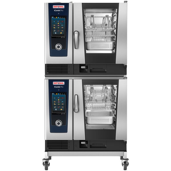 A white Rational Double Deck 6 Pan Half-Size Electric Combi Oven with Stand with two large commercial ovens.