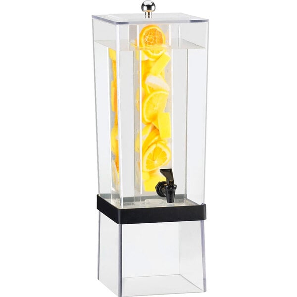 A clear Cal-Mil infusion beverage dispenser with a black lid and yellow lemon slices inside.
