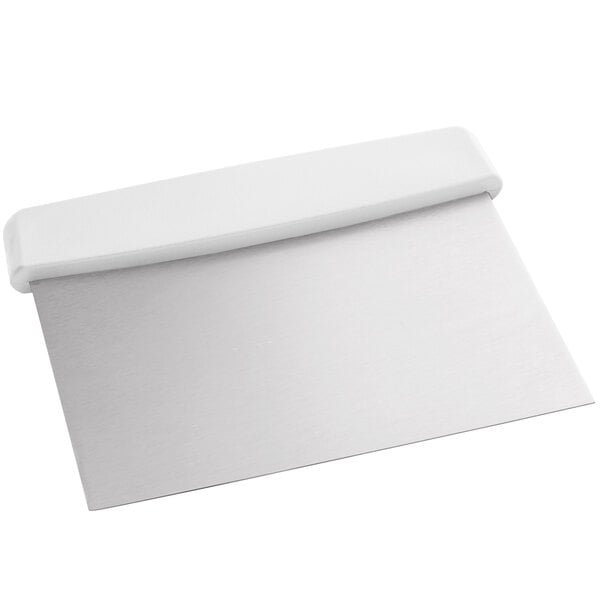 A white rectangular stainless steel dough cutter with a white handle.