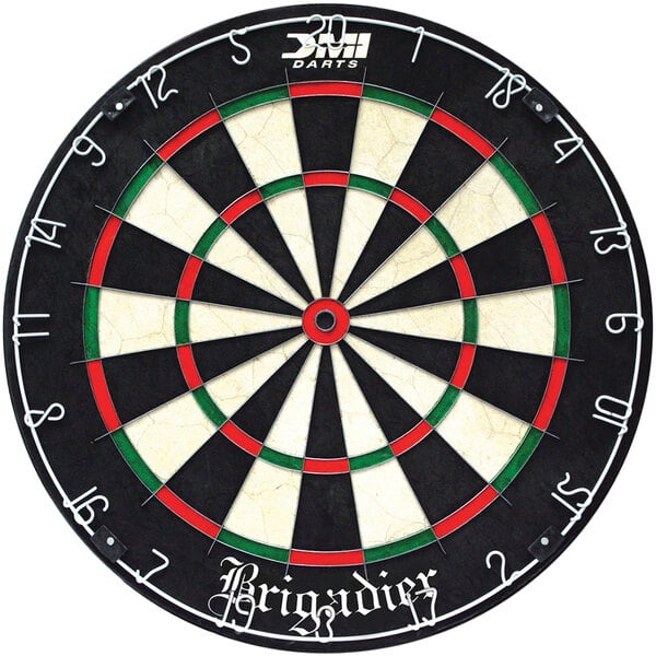 A Brigadier staple-free bristle dartboard with numbers and a dart in the center.