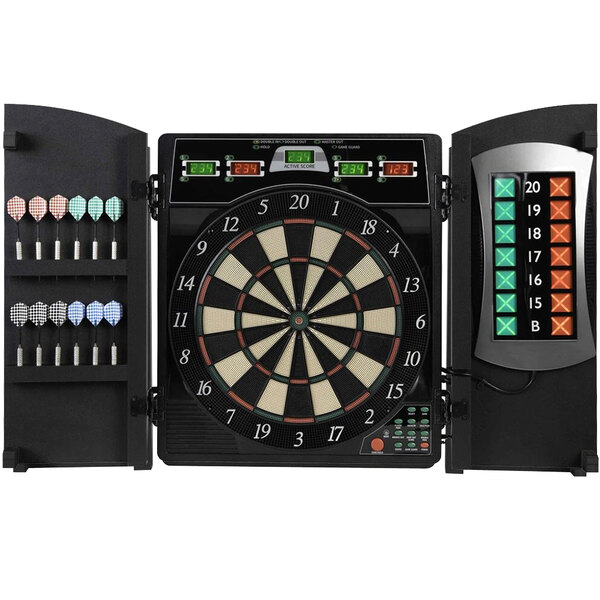 An Arachnid Cricket Maxx 4.0 electronic dartboard with darts in a cabinet.