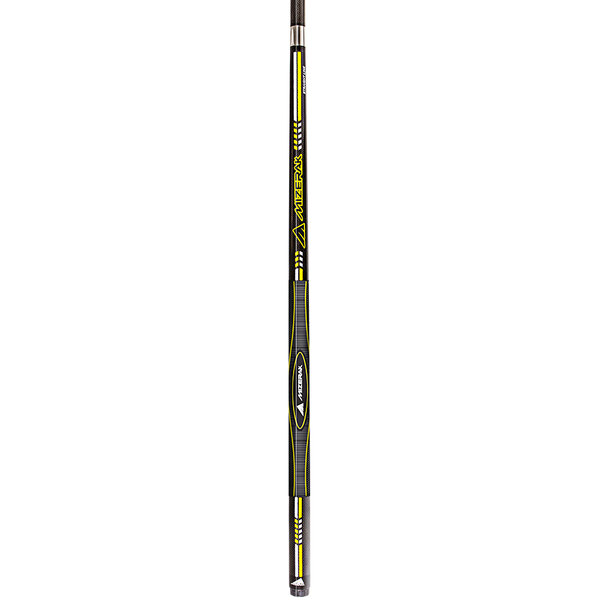 A black Mizerak pool cue with a yellow and black 3D sport grip.