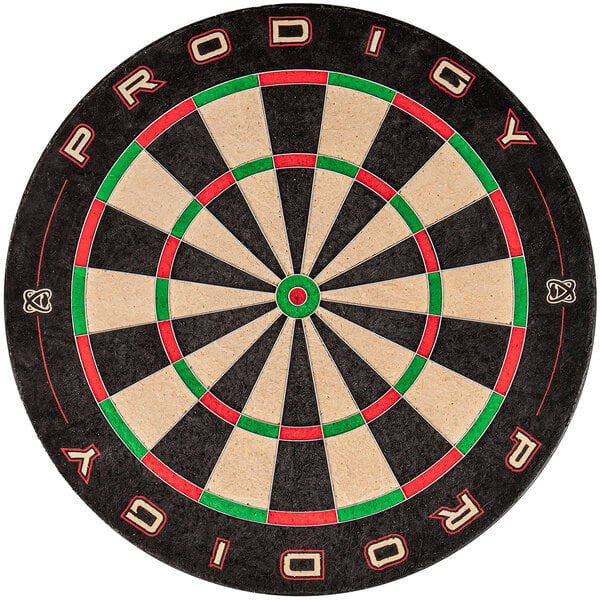 A Prodigy dartboard with red, green, and black text in the center.