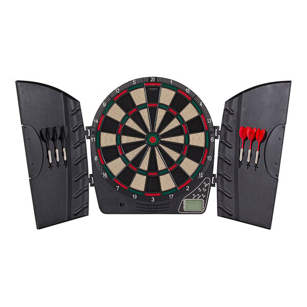 An Arachnid dart board with red darts in a cabinet.