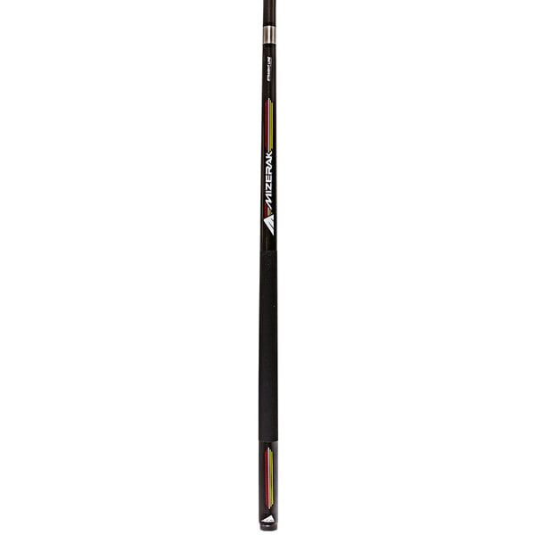 A black pool cue with red and yellow pinstripes.