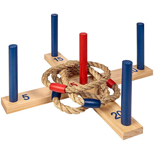 A wooden rope ring toss game set with four rope rings on wooden sticks.