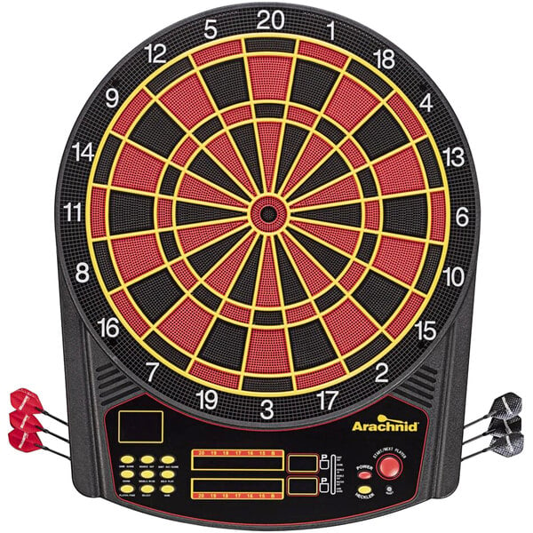 An Arachnid Cricket Pro 450 electronic dartboard with red and black darts in the center.