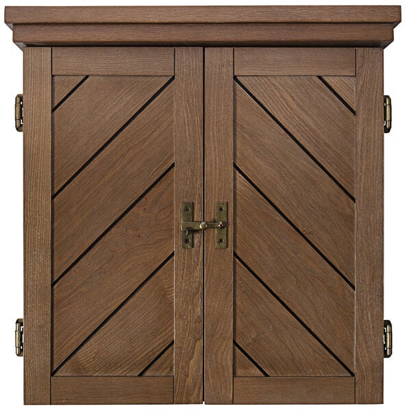 An American Legend Charleston wooden dartboard cabinet with two doors and two handles.