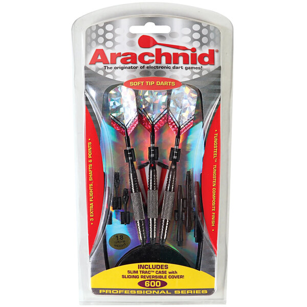 A red and black package containing an Arachnid Soft-Tipped Tungsteel Plated Darts Set.