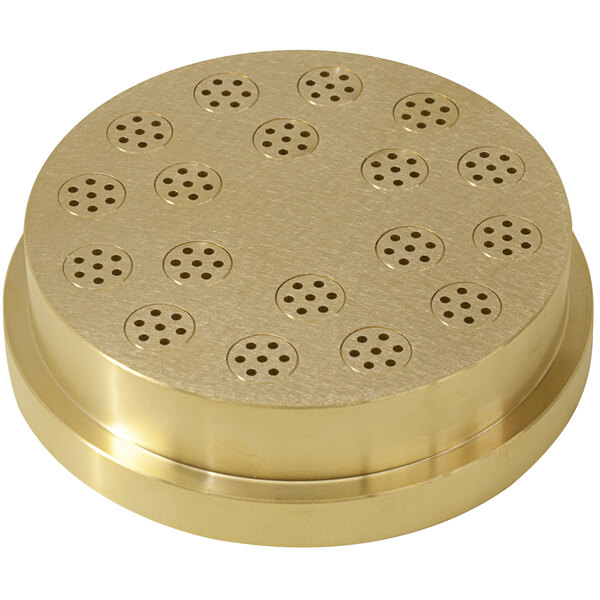 A circular brass Avancini spaghetti die with holes.