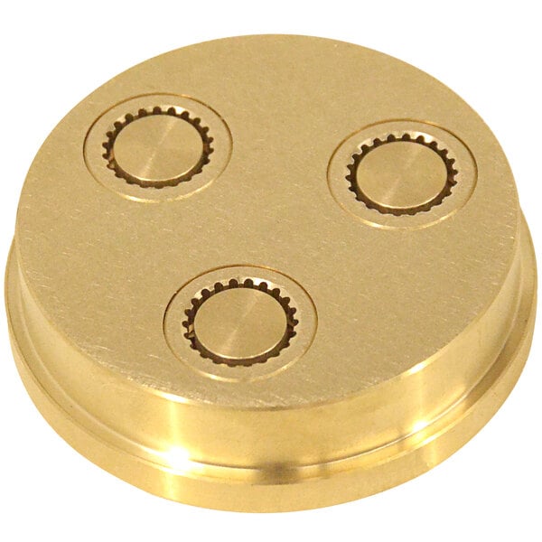 A gold circular object with a brass round knob and three gears.