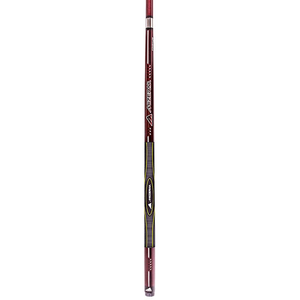 A close up of a red Mizerak pool cue with a black grip.