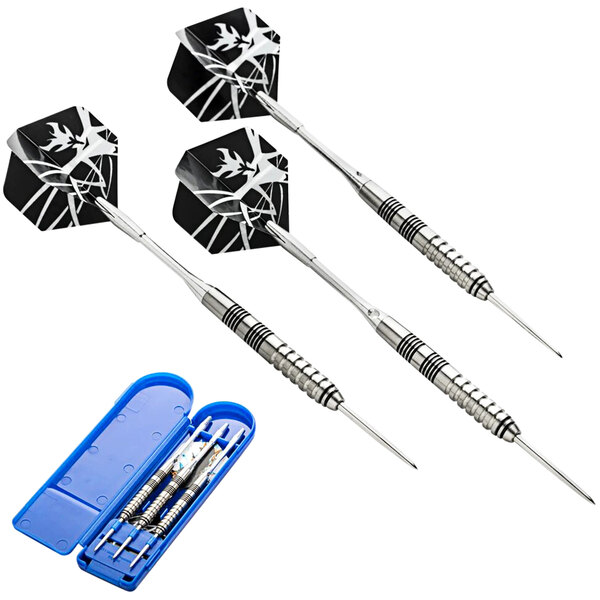 A Unicorn Steel-Tipped Dart Set in a blue case with three darts.