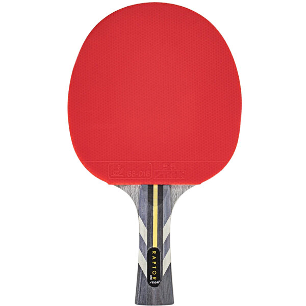 A red Stiga Raptor table tennis paddle with a black and yellow handle.
