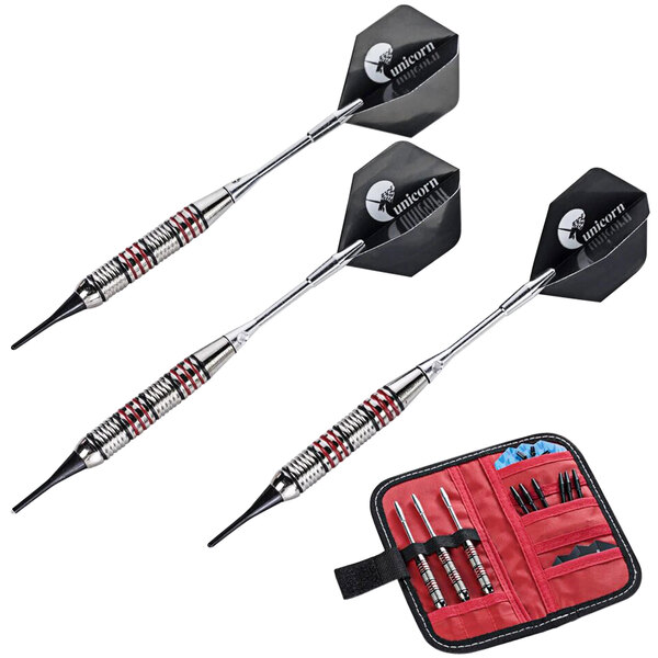A red case containing three Unicorn Soft-Tipped darts.
