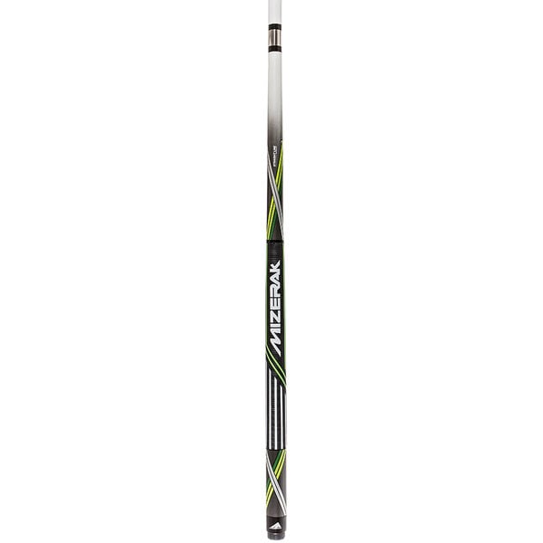 A Mizerak pool cue with green and white ribbon design on the handle.