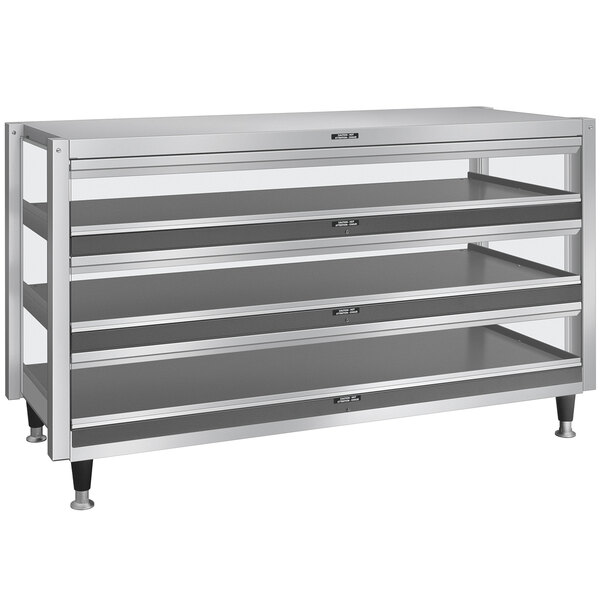 A metal Hatco heated shelf with three stainless steel shelves.