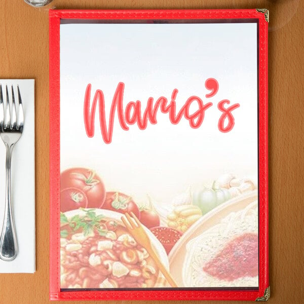 An 8 1/2" x 11" menu with an Italian themed pasta design cover on a table with a plate of food and a fork.