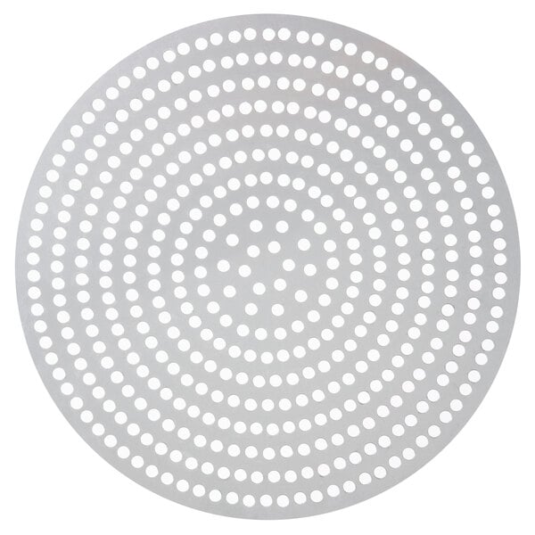 An American Metalcraft 16" Super Perforated Aluminum Pizza Disk, a circular white mat with small holes in it.