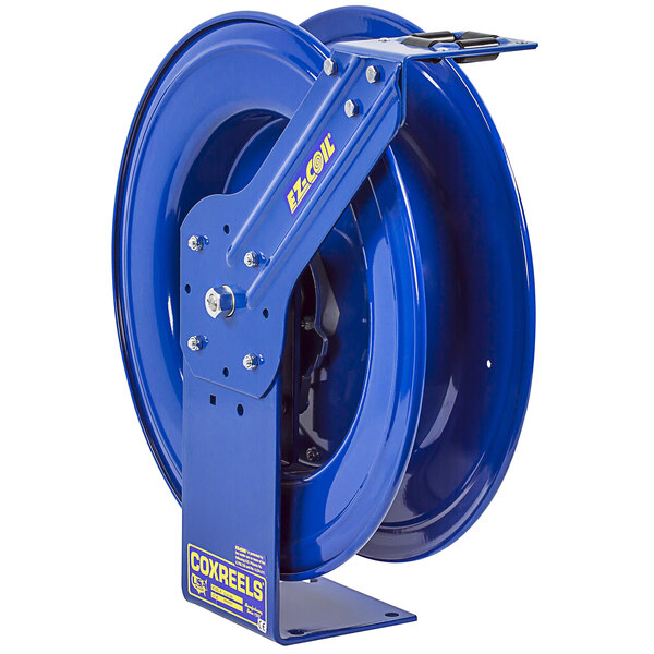 A blue metal Coxreels hose reel with yellow writing.
