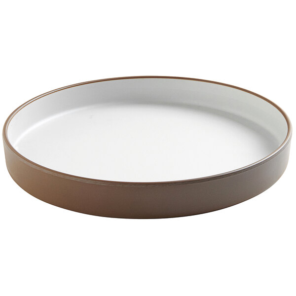 A white stoneware raised rim melamine plate with brown accents.