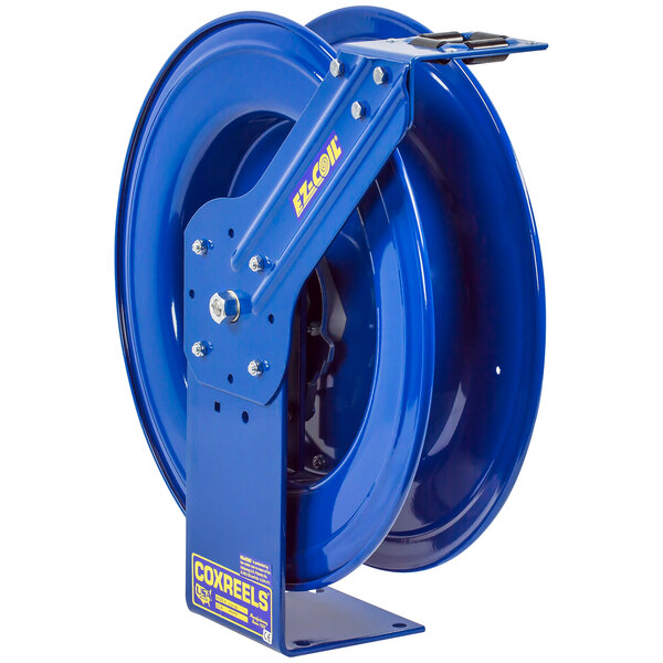 A blue metal Coxreels hose reel with yellow text.