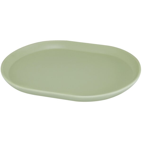 A white oval melamine platter with a raised rim.