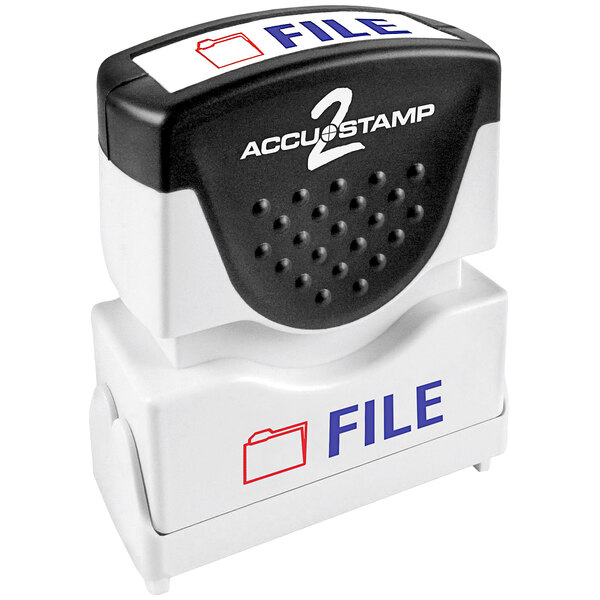 An Accustamp shutter stamp with the word "FILE" on it in red and blue.
